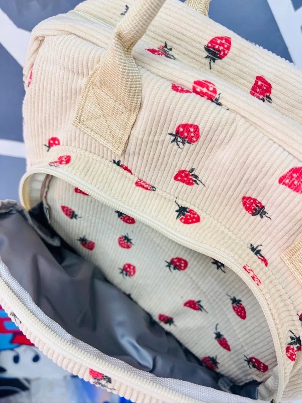 Primark Beige Corduroy Handbag with Red Strawberry Motif